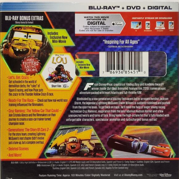 Cars 2 & 3 Blu-ray + DVD Combo Pack Disney Pixar Owen Wilson Racing Mater NEW - Picture 8 of 14